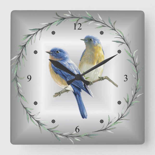 Horloge Carrée Oiseaux bleus et jaunes Bague à feuilles vertes Bl (Recto)