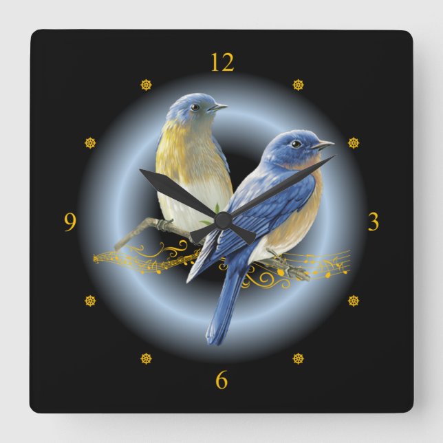 Horloge Carrée Oiseaux bleus et paillettes ~ Gold Musical Scroll  (Recto)