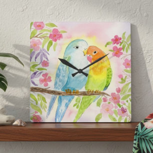 Horloge Carrée Oiseaux d'amour à l'aquarelle avec fleurs roses