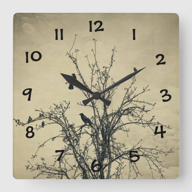 Horloge Carrée Oiseaux dans l'arbre - (Recto)