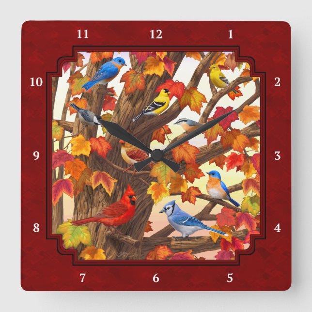 Horloge Carrée Oiseaux en automne Maple Tree Red (Recto)