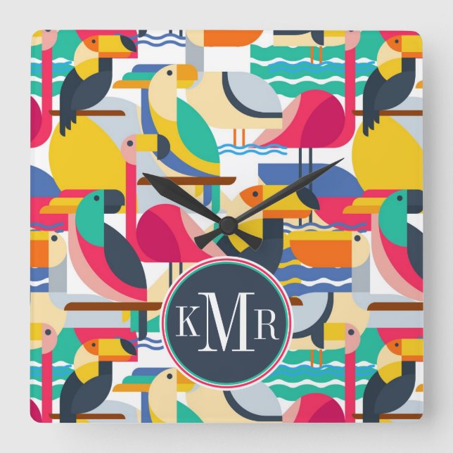 Horloge Carrée Oiseaux tropicaux géométriques | Monogramme (Recto)