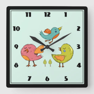 Horloge Carrée Oiseaux Whimsical Colorés