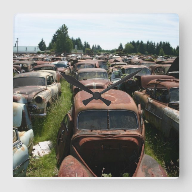 Horloge Carrée Old Car Wall Clock Garage Clock Junkyard Scene (Recto)