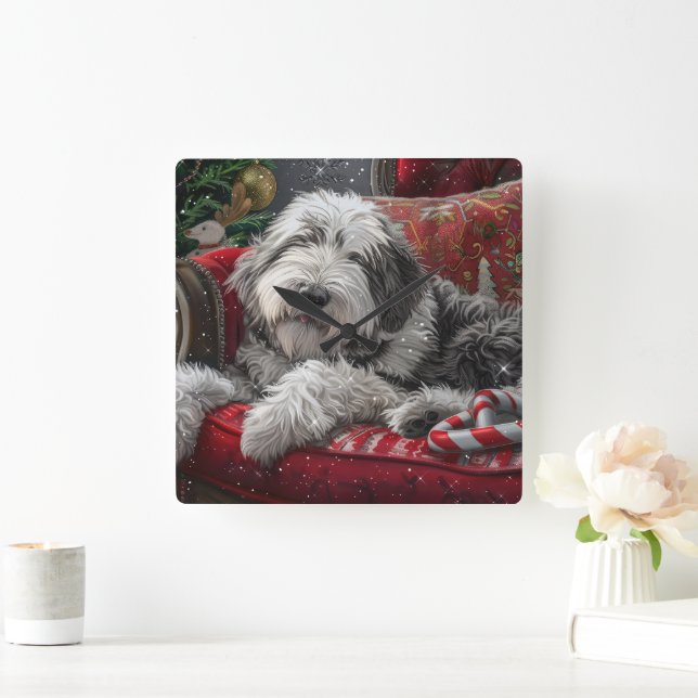 Horloge Carrée Old English Sheepdog Festive de Noël (Maison)