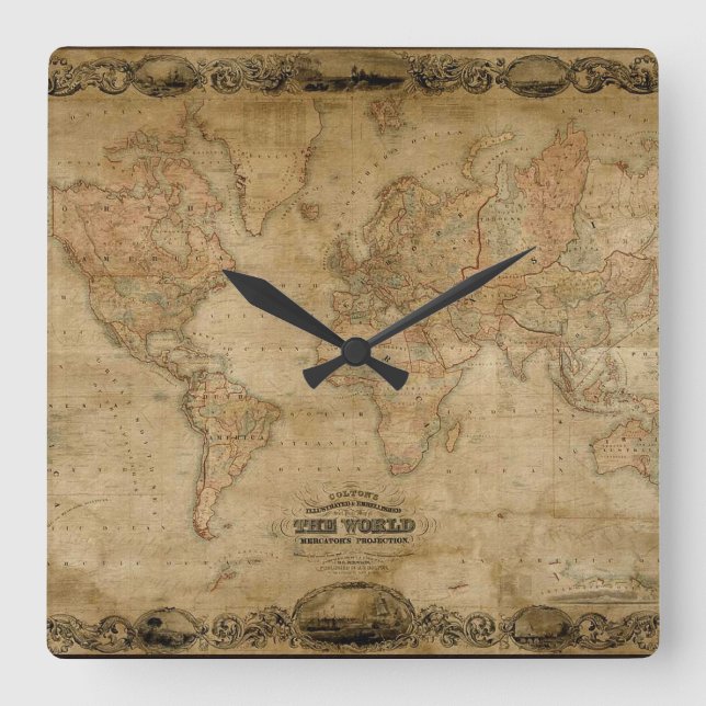 Horloge Carrée Old World Map Antique History Designer Clock (Recto)