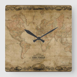 Horloge Carrée Old World Map Antique History Designer Clock