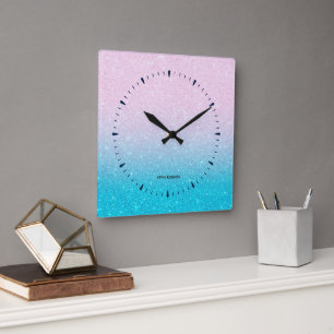 Horloge Carrée Ombre Parties scintillant rose et turquoise