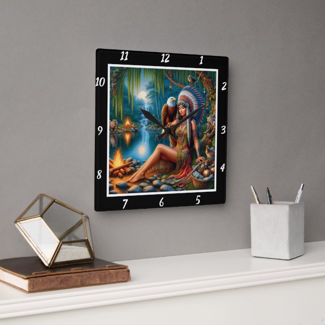 Horloge Carrée Ombres autochtones : Le souffle de l'aigle (Bureau)