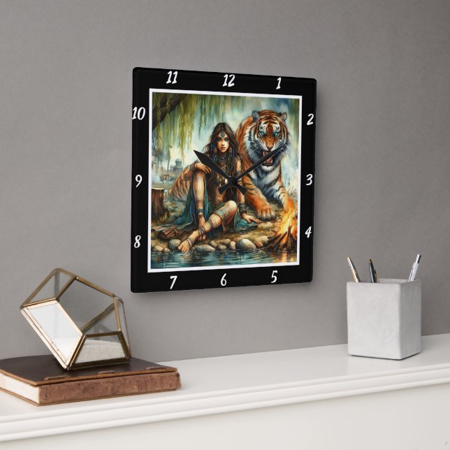 Horloge Carrée Ombres indigènes : La lueur de l'étoile du tigre (Bureau)