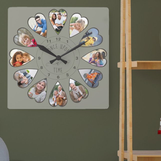 Horloge Carrée Once Upon a Time 12 Heart Shaped Photos Green (Photo clock with 12 heart shaped photos. Unusual design for your home and a thoughtful photo gift.)
