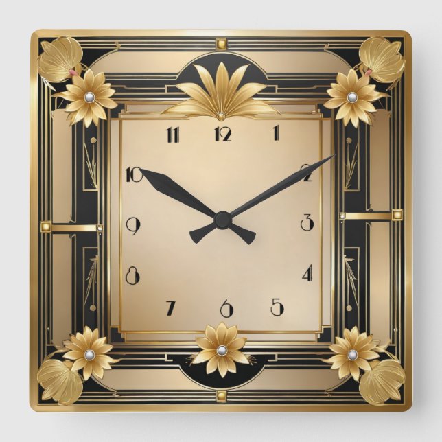 Horloge Carrée Or Art Déco élégant (Recto)