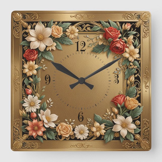 Horloge Carrée Or floral (Recto)