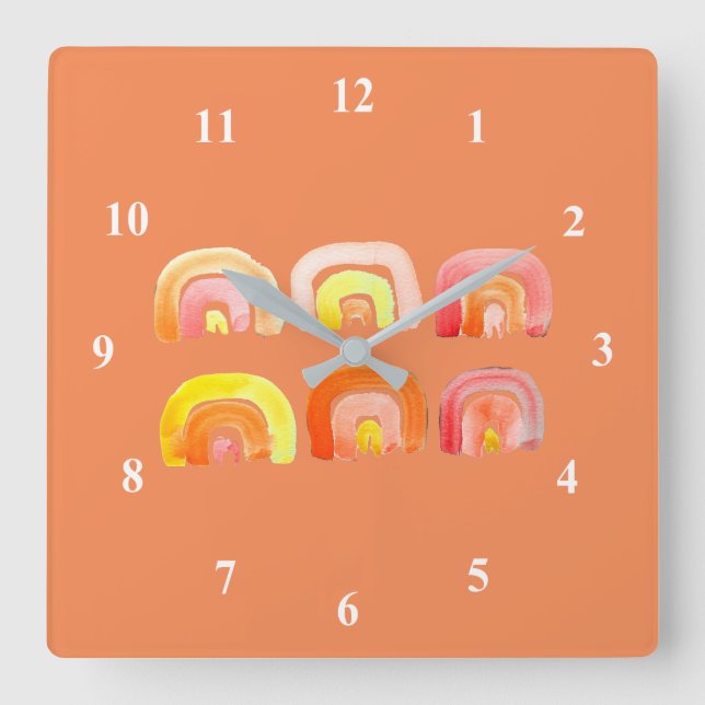 Horloge Carrée Orange arc-en-ciel art rétro mignon (Recto)