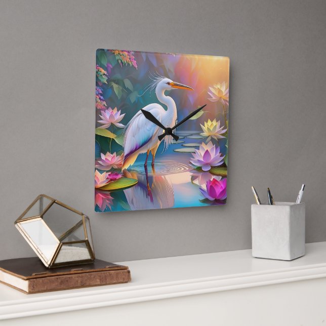 Horloge Carrée Orange Billed White Heron Imaginaire Bird (Bureau)