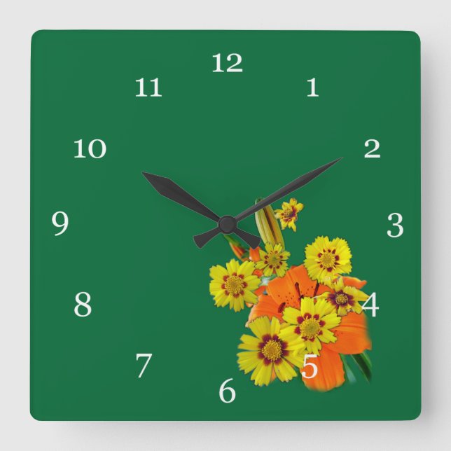 Horloge Carrée orange et daisy flowers (Recto)
