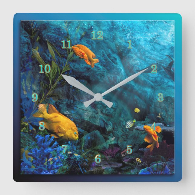 HORLOGE CARRÉE ORANGE FISH BLUE OCEAN (Recto)