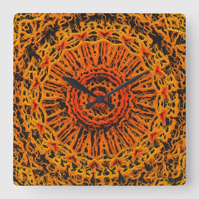 Horloge Carrée Orange, Noir et Jaune Abstrait (Recto)