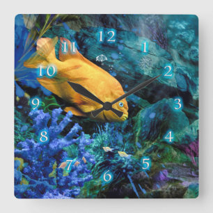 HORLOGE CARRÉE ORANGE POISSON OCÉAN BLEU 2