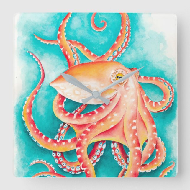 Horloge Carrée Orange rouge Tentacles Octopus Aquarelle (Recto)
