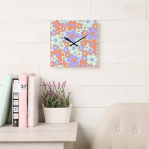 Horloge Carrée Orange violet bleu rétro Y2K les années 70 Fleur M