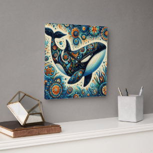 Horloge Carrée Orca Killer Whale Floral Whimsical Plage nautique