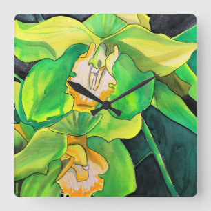Horloge Carrée Orchidée fleurs vert et jaune art