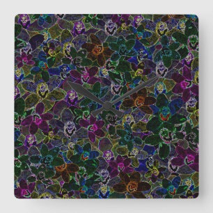 Horloge Carrée Orchidées de couleur néon,