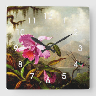 Horloge Carrée Orchidées et colibris près d'un lac de montagne