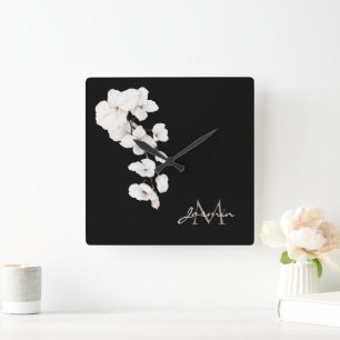 Horloge Carrée Orchidées noires et blanches modernes Monogramme f