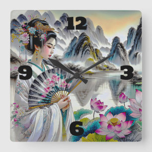 Horloge Carrée Oriental Geisha Lady, Montagnes et Lotus