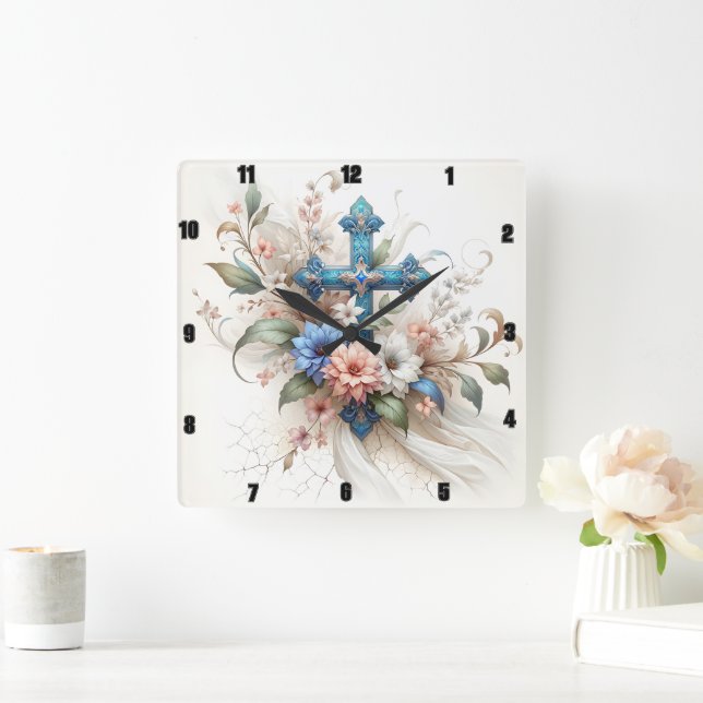 Horloge Carrée Ornat Bleu Et Croix Or Élégance Florale (Maison)