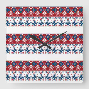 Horloge Carrée Ornement bleu rouge