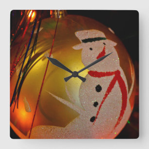 Horloge Carrée Ornement Bonhomme de Neige givré