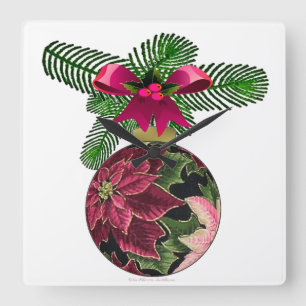 Horloge Carrée Ornement Bourgogne Poinsettia Rétro 50
