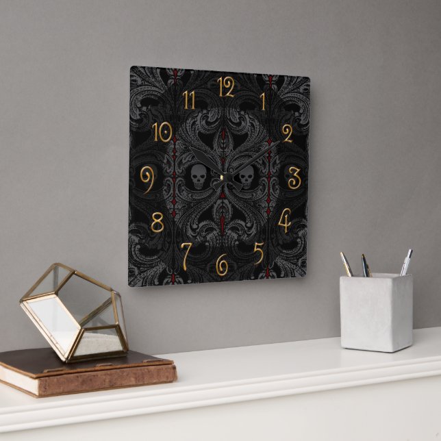 Horloge Carrée Ornement Goth Grey avec crâne (Bureau)
