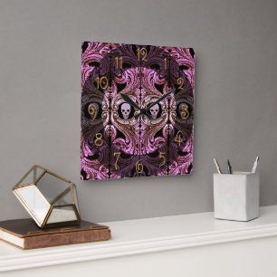 Horloge Carrée Ornement rose Goth avec crâne