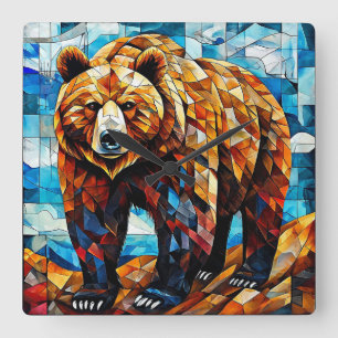 Horloge Carrée Ours Brun 🐻✨ Mosaïque Rustique de la Forêt Art de