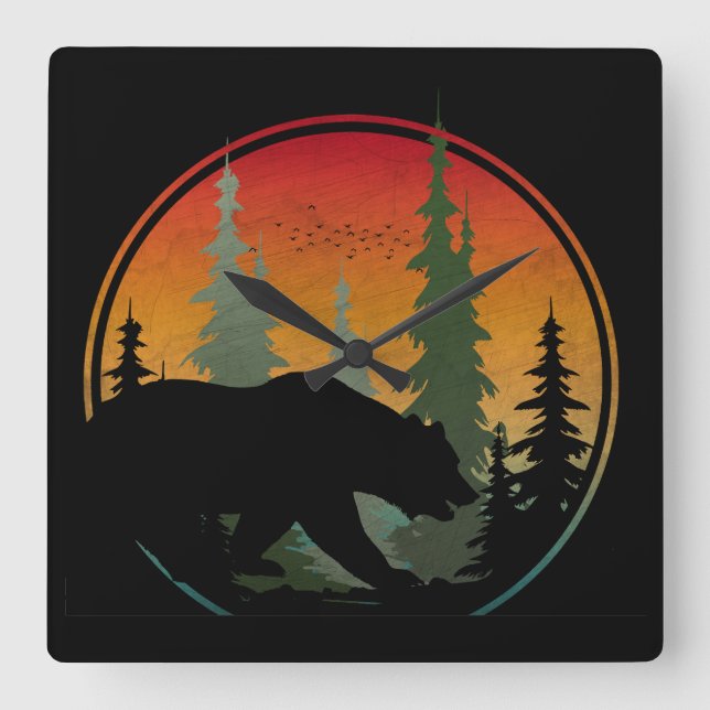 Horloge Carrée Ours Coucher de Soleil Forêt Animal de la Nature (Recto)