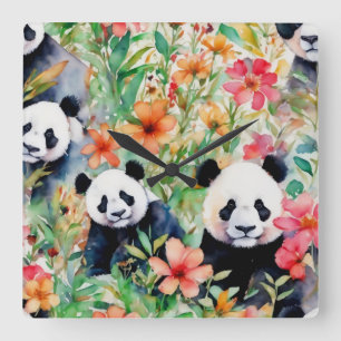 Horloge Carrée Ours de panda aquarelle