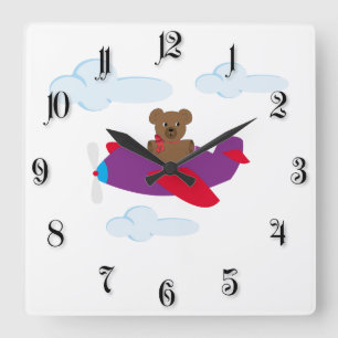 Horloge Carrée Ours drôle volant en avion