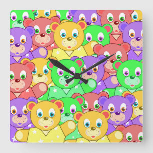 HORLOGE CARRÉE OURS EN PELUCHE COLORÉS