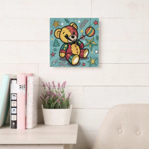 Horloge Carrée Ours en peluche de Noël patchwork fantaisiste