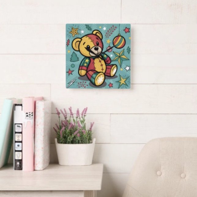 Horloge Carrée Ours en peluche de Noël patchwork fantaisiste (Wall Clock backside hanging slot  non-ticking design. 2 sizes: 8" diameter or 10.75" diameter.)