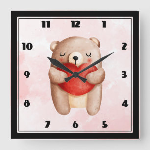Horloge Carrée Ours en peluche mignon portant un coeur rouge