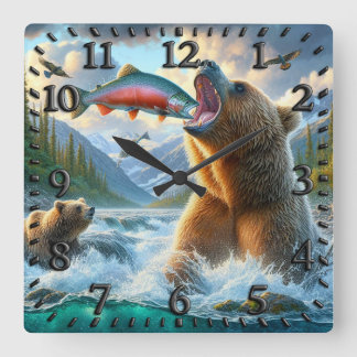 Horloge Carrée Ours grizzlis avec saumon à truite arc-en-ciel