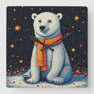 Horloge Carrée Ours polaire fantaisiste au col orange