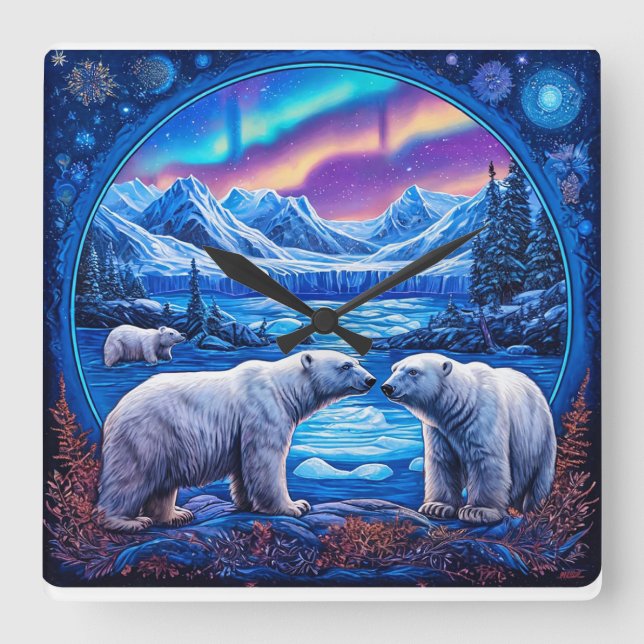 Horloge Carrée Ours Polaires Art Mural Faune Hivernale (Recto)