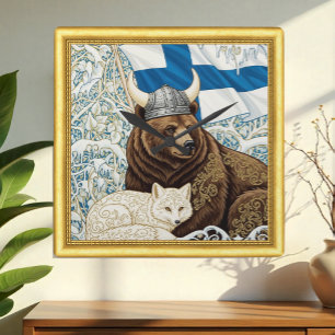 Horloge Carrée Ours viking finlandais, renard arctique Art Nouvea
