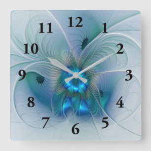 Horloge Carrée Ovations debout, fractale abstraite bleu turquoise